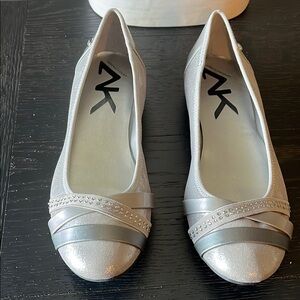 Anne Klein Silver Flats with Rounded Toe and Decorative Stripes